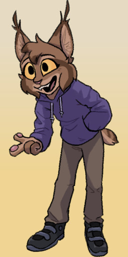 anthro biped brown_body brown_fur brown_tail cheek_tuft clothed clothed_anthro clothed_male clothing ear_tuft facial_tuft footwear fully_clothed fully_clothed_anthro fully_clothed_male fur gradient_background head_tuft male open_mouth open_smile pawpads shoes short_tail simple_background smile solo standing tail teeth tuft yellow_background yellow_sclera theblueberrycarrots marc_(theblueberrycarrots) felid feline lynx mammal digital_drawing_(artwork) digital_media_(artwork)