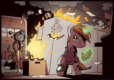 alternate_universe computer duo electronics explosives female fire flamethrower grenade horn machine pip-boy ranged_weapon vault_suit weapon wandrevieira1994 fallout fallout_equestria hasbro microsoft my_little_pony mythology fan_character littlepip equid equine horse mammal mister_handy_(fallout) mythological_creature mythological_equine pony robot unicorn 2018 absurd_res crossover hi_res
