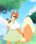 anthro bottomwear cheek_tuft city city_background clothing cloud detailed_background ears_up facial_tuft female fluffy fluffy_tail fur green_bottomwear green_clothing green_eyes green_skirt happy head_tuft looking_up orange_body orange_fur pawpads paws plant shirt shrub skirt sky smile solo tail tan_body tan_fur teeth tongue topwear tree tuft tsukipaw bluey_(series) bingo_heeler arthropod australian_cattle_dog butterfly canid canine canis cattledog domestic_dog herding_dog insect lepidopteran mammal pastoral_dog absurd_res hi_res