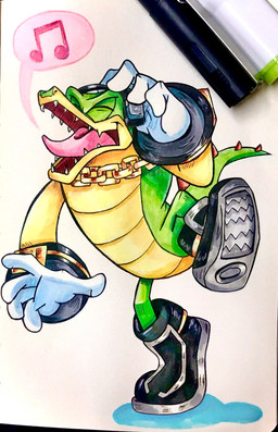anthro big_shoes chain clothing countershade_face countershade_torso countershading dancing electronics eyes_closed gloves gold_(metal) gold_chain green_body handwear headphones male musical_note musical_symbol open_mouth open_smile pink_tongue sharp_teeth shoe_soles singing smile snout solo speech_bubble spiked_tail spikes spikes_(anatomy) symbol tail teeth tongue h-artistic sega sonic_the_hedgehog_(series) vector_the_crocodile crocodile crocodilian reptile scalie hi_res marker_(artwork) pen_(artwork) traditional_media_(artwork)