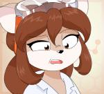 abstract_background alfa995 anthro braided_hair brown_body brown_eyes brown_fur brown_hair clothing coat deer disgust doe_(alfa995) eyewear female fur goggles hair lab_coat long_hair looking_down mammal open_mouth reaction_image solo topwear