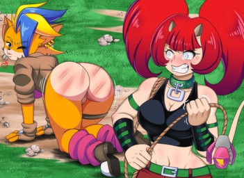 angry anthro big_butt blush bottomless bubble_butt butt butt_slap clothed clothing duo ear_piercing ear_ring female female/female genitals heart_symbol one_eye_closed piercing ring_piercing slap spank_marks spanking teasing thick_thighs vulva wink donkeysonic activision crash_bandicoot_(series) fan_character pirate_tawna human mammal