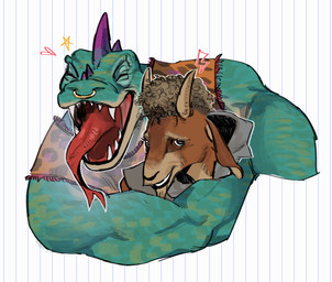 anthro brown_body brown_fur clothed clothing duo eyes_closed facial_piercing fur green_body green_scales head_spikes heart_symbol hoodie horn male muscular muscular_anthro muscular_male nose_piercing piercing purple_spikes scales shirt smile spikes spikes_(anatomy) star_symbol tongue tongue_out topwear letha_llic goat_(movie) sony_corporation sony_pictures modo_olachenko will_harris bovid caprine goat komodo_dragon lizard mammal monitor_lizard reptile scalie 2026 absurd_res digital_media_(artwork) hi_res