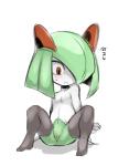 breasts clothing female genitals horn legwear not_furry pussy red_eyes simple_background small_breasts solo stockings text mizo_ne nintendo pokemon generation_3_pokemon humanoid kirlia pokemon_(species) japanese_text