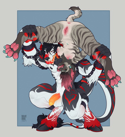 ankle_grab anthro anus balls big_breasts breasts chain duo erection female foreskin fur genitals hair held_upside_down hooves humanoid_genitalia humanoid_penis inner_labia jewelry leg_grab long_hair male male/female navel navel_piercing nipple_piercing nipples nude pawpads paws penis piercing simple_background spread_legs spreading tail upside_down vulva ravedoq mythology azathiel_(rexy) nerissa_(nayami) canid canid_demon canine demon hellhound hyena mammal mythological_canine mythological_creature striped_hyena digital_media_(artwork) hi_res