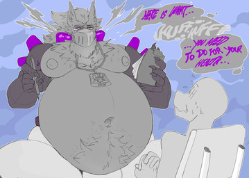belly belly_hair belly_overhang big_belly bodily_fluids body_hair chair cybernetic_arm cybernetic_limb dialogue faceless_character furniture male mask moobs musclegut muscular navel nipples sitting sweat text slippdipp absurd_res hi_res