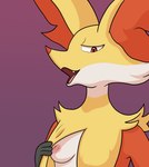 anthro areola breasts female fur hair nipples pink_areola pink_nipples red_hair small_breasts solo yellow_body yellow_fur blarkel nintendo pogchamp pokemon canid canine delphox generation_6_pokemon mammal pokemon_(species) absurd_res hi_res meme