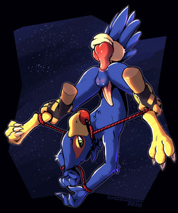abstract_background anal animal_genitalia animal_penis annoyed anthro ball_gag balls bdsm blue_body bondage bondage_gear bound canine_genitalia canine_penis claws clothing curling_toes digitigrade disembodied_balls disembodied_hand disembodied_penis duo feet fingerless_gloves from_front_position gag genitals gloves grabbing_both_legs hand_on_leg hands_tied handwear knot knotted_penis leg_grab looking_at_viewer lying male male/male missionary_position on_back penis questionable_consent restraints rope rope_bondage rope_harness sex spread_legs spreading talons tapering_penis toes chozogoat nintendo star_fox falco_lombardi fox_mccloud avian bird canid canine falcon falconid fox mammal 2026 digital_media_(artwork) hi_res