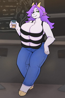 anthro beverage bottomwear breasts cleavage clothed clothing denim denim_bottomwear denim_clothing female jeans multi_breast pants shirt solo tank_top topwear tiredfizz katie_(slarvath) bovid caprine goat mammal absurd_res hi_res