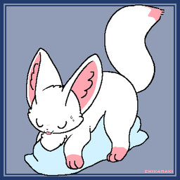 ambiguous_gender black_nose blush bodily_fluids chest_tuft dipstick_tail eyes_closed feral fluffy fluffy_tail grinding inner_ear_fluff leg_markings markings masturbation pillow pillow_humping quadruped red_markings simple_background socks_(marking) solo sweat tail tail_markings text tongue tongue_out tuft white_body chikanaki canid canine fox mammal 1:1 2025 2d_animation animated artist_name digital_media_(artwork) hi_res pixel_(artwork) pixel_animation