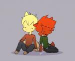 anthro chibi clothed clothing duo eyes_closed female grey_background simple_background sitting panzery25 asper_(panzery25) eri_washington_(panzery25) canid canine fox mammal 2018 compression_artifacts signature