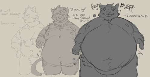anthro belly belly_overhang big_belly blep burping dialogue front_view grey_background male navel nipples obese obese_male overweight overweight_male profanity rumbling_stomach shirtless_male simple_background solo tail text time_skip tongue tongue_out weight_gain weight_gain_sequence butterontoast toast_(butterontoast) domestic_cat felid feline felis mammal 2025 digital_drawing_(artwork) digital_media_(artwork) english_text hi_res monochrome sketch