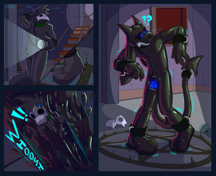 ankle_cuffs anthro biped black_body black_fur black_sclera blue_eyes bone bone_mask collar cuff_(restraint) drone featureless_crotch flashlight fur gimp goo_transformation green_collar latex latex_transformation liquid_latex lock_bulge lock_symbol long_ears male mask null_bulge question_mark restraints skull skull_mask species_transformation stairs surprised text toony transformation wrist_cuffs zipper zipper_mouth kirael kirael_(character) canid canine canis hybrid imp lagomorph leporid mammal rabbit wolf 2025 comic digital_media_(artwork) english_text hi_res