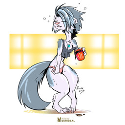 anthro beverage black_clothing black_crop_top black_shirt black_tank_top black_topwear breasts cheek_tuft chest_tuft cleavage clothed clothing coffee coffee_mug container crop_top cup digitigrade dog_tags eyes_closed facial_tuft female fur grey_body grey_fur grey_hair hair holding_coffee_mug holding_container holding_cup holding_mug holding_object mug panties pink_clothing pink_panties pink_underwear shirt simple_background slim small_breasts snaggle_tooth solo spilling_drink standing tail tank_top topwear tuft underwear waking_up white_body white_fur kiaun raeli_(nivik) mammal mink mustelid musteline true_musteline 1:1 colored digital_media_(artwork) full-length_portrait hi_res portrait