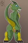 2:3 anthro blue_eyes breasts butt claws clitoral_hood clitoris countershading digital_media_(artwork) female flawedspirit genitals green_body green_butt green_scales hi_res horn kneeling kobold kurva_(flawedspirit) looking_at_viewer looking_back mythological_creature mythological_scalie mythology nude open_mouth presenting presenting_hindquarters presenting_pussy pussy raised_tail reptile scales scalie shaded simple_background small_breasts solo spread_pussy spreading tail teeth yellow_body yellow_scales