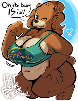 anthro belly big_breasts black_text bottomless bottomless_anthro bottomless_female breasts brown_body brown_ears brown_fur brown_hair brown_nose cleavage clothed clothing countershade_tail countershade_torso countershading crop_top cropped_tank_top crouching dialogue facial_markings female fingers front_view fur hair hand_on_hip head_markings heart_symbol markings muzzle_(marking) navel one_eye_closed open_mouth open_smile overweight overweight_anthro overweight_female round_tail shirt short_tail smile solo speech_bubble tail tan_body tan_countershading tan_fur tan_snout tank_top teal_clothing teal_crop_top teal_shirt teal_tank_top teal_topwear text thick_thighs topwear white_text wink gabbah fat_bear_week petunia_(gabbah) bear mammal 2025 digital_drawing_(artwork) digital_media_(artwork) english_description english_text full-length_portrait hi_res portrait