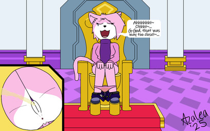 anthro anus bathroom black_nose bodily_fluids butt chair cute_fangs dialogue eyes_closed fangs female fur furniture genital_fluids genitals hair multicolored_body multicolored_fur open_mouth peeing pink_body pink_fur pink_hair relieved speech_bubble teeth throne toilet toilet_use urine vulva watersports wet wetting white_body white_fur flamingazalea earthbound_(series) nintendo vg_cats aeris_(vg_cats) domestic_cat felid feline felis mammal 16:10 2025 hi_res widescreen