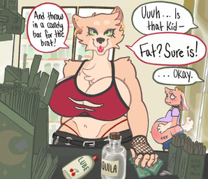 alcohol anthro areola barely_visible_nipples belly belt beverage big_belly big_breasts biped bottomwear breasts chest_tuft cigar cleavage clothed clothing collar convenience_store dialogue duo ear_piercing ear_ring female fishnet_clothing fishnet_gloves fishnet_handwear fully_clothed fur gloves green_eyes hair handwear legwear lube_bottle money nipples open_mouth pants piercing pregnancy_tally pregnant pregnant_female ring_piercing smile speech_bubble tail tequila text thick_thighs topwear tuft underage_pregnancy underwear_straps worried_look young othersparrow hunter_(othersparrow) canid canine canis lagomorph leporid mammal rabbit wolf digital_media_(artwork) english_text hi_res