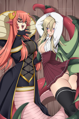 accessory apode arms_above_head black_clothing black_handwear black_legwear black_underwear bottomwear bound breasts butt clothed clothing duo eyebrow_through_hair eyebrows female glistening glistening_body glistening_hair glistening_scales green_body green_scales hair hair_accessory half-closed_eyes hands_tied handwear humanoid_pointy_ears legless legwear light_body light_skin membrane_(anatomy) membranous_wings monster_girl_(genre) multicolored_body multicolored_scales narrowed_eyes open_mouth pink_tongue pleated_skirt pointy_ears red_body red_clothing red_scales restrained scales serpentine skirt split_form tail tail_under_skirt tan_body tan_hair tan_skin tongue translucent translucent_hair two_tone_body two_tone_scales underwear white_clothing wings lindaroze monster_musume mythology draco_(monster_musume) miia_(monster_musume) animal_humanoid draconcopode dragon dragon_humanoid humanoid lamia mythological_creature mythological_scalie reptile scalie snake