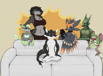 4_ears ambiguous_gender anthro athletic_wear belly big_breasts black_body black_claws black_feathers black_fur black_sclera black_toe_claws blep blue_eyes bottomwear bra breasts brown_eyes claws clothed clothed/nude clothing collar crossed_legs crosslegged_pose digitigrade dildo feathered_wings feathers feet female fingers front_view fur furniture green_body green_eyes green_markings group gym_bottomwear gym_shorts hair holding_dildo holding_object holding_sex_toy imminent_sex insertable_sex_toy looking_at_another looking_back looking_back_at_another male markings multi_ear multicolored_body navel nude on_sofa open_mouth orange_body orange_feathers orange_fur orange_markings orange_tongue pawpads purple_eyes red_markings sex_toy shirt shock_collar shorts simple_background sitting sitting_on_sofa size_difference smile sofa sports_bra sportswear tail tank_top teeth toe_claws toes tongue tongue_out topwear tuft underwear white_body white_feathers white_fur white_sofa winged_arms wings yellow_body yellow_eyes andreika_kompas hilyasp keesandwich reetogoth tlashka zorkiy piper_perri_surrounded fyr_(fenrir784) kribs leaftail_(hilyasp) olga_(keesandwich) qamito zorkiy_(character) american_opossum avali avian bird kobold mammal marsupial reptile scalie virginia_opossum 2025 absurd_res artist_collaboration colored digital_drawing_(artwork) digital_media_(artwork) hi_res lineless meme shaded simple_shading