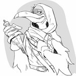 anthro beak blood bodily_fluids clothed clothing gloves handwear hood knife looking_at_viewer male solo weapon crystaltaco7 foretales volepain_(foretales) avian bird stork monochrome