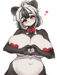2024 absurd_res anthro bear big_breasts black_hair blush bow_tie breasts clothed clothing female fingers gesture giant_panda hair half-closed_eyes hand_heart heart_pasties heart_symbol hi_res huge_breasts looking_at_viewer mammal multicolored_hair narrowed_eyes navel partially_clothed pasties simple_background solo two_tone_hair white_background white_hair whooo-ya yellow_eyes