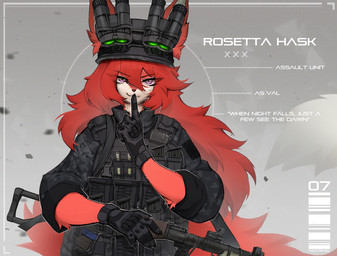 5_fingers anthro armor biped bottomwear clothed clothed_anthro clothed_female clothing female fingers front_view fully_clothed fully_clothed_anthro fully_clothed_female fur furgonomics gloves gun hair handwear headgear helmet looking_at_viewer military purple_eyes ranged_weapon red_body red_fur red_hair red_tail simple_background smile soldier solo standing tail topwear warrior weapon amarihel canid canine fox mammal 2026 digital_drawing_(artwork) digital_media_(artwork) hi_res