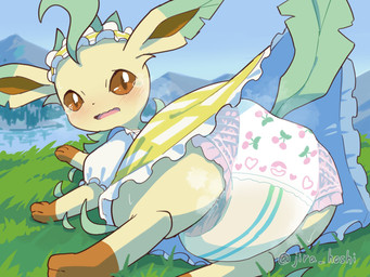 big_diaper blush bodily_fluids bottomwear clothed clothing clothing_lift diaper dress dress_lift embarrassed female feral genital_fluids grass green_body leaf lying lying_on_ground maid_headdress maid_uniform on_ground on_side open_mouth outside paws plant pokemon_diaper raised_bottomwear raised_clothing raised_skirt rear_view skirt skirt_lift solo steam tears unclean_diaper uniform urine used_diaper wet_diaper wetness_indicator wadorigi nintendo pokemon eeveelution generation_4_pokemon leafeon pokemon_(species) 4:3 absurd_res hi_res