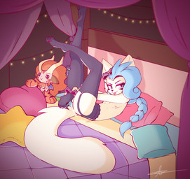 accessory anthro balls bed bedding bedroom big_ears blanket blue_hair bodily_fluids braided_hair braided_ponytail butt cheek_tuft clothing curtains dildo erection facial_tuft fangs fingers fluffy fluffy_tail fur furniture genitals hair hair_accessory hair_ribbon horn legwear lights looking_at_viewer male markings nipples nude penis pillow plushie ponytail ribbons sex_toy smile solo tail teeth thigh_highs tuft white_body white_fur kurus kiyoshi_(kurus) domestic_cat felid feline felis mammal digital_media_(artwork) hi_res