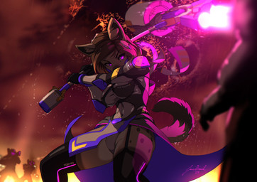 anthro armor breasts clothing eyebrows eyelashes female female_focus fur gloves hair hammer handwear inner_ear_fluff legwear markings outside panties raining spots spotted_body spotted_fur tools tuft underwear jecbrush hyena mammal 2024 hi_res
