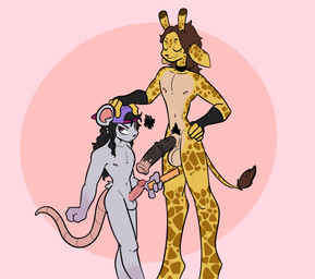 animal_genitalia animal_penis anthro backwards_baseball_cap backwards_hat balls baseball_cap brown_hair brown_spots choker clothing duo equine_genitalia equine_penis erection fingerless_gloves fur genitals gloves grey_body grey_fur hair half-closed_eyes handwear hat headgear headwear horn humanoid_genitalia humanoid_penis jewelry male markings medial_ring mottled mottled_genitalia mottled_penis narrowed_eyes necklace nipples nude open_mouth ossicone penis pink_background pink_body pink_skin simple_background smile spots spotted_body spotted_fur spotted_markings tail tail_tuft tan_body tan_skin tuft vein veiny_penis yellow_body yellow_fur xing1 giraffe giraffid mammal mouse murid murine rodent absurd_res hi_res