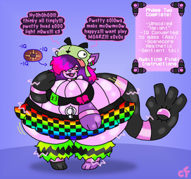 alternative_fashion anthro big_breasts bottomwear bracelet breasts checkered checkered_clothing clothing crop_top dialogue ear_piercing ear_ring electricity emoticon female hair hat headgear headwear heart_symbol intelligence_loss jewelry leg_warmers legwear miniskirt motion_lines multicolored_hair pattern_clothing piercing pink_body ring_piercing scene_(fashion) scene_haircut sellina_(chaos-force) shirt skirt speech_bubble tail text thick_thighs topwear transformation chaos-force l33t invader_zim nickelodeon colored english_text hi_res
