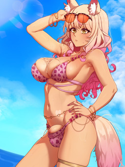 alternative_fashion balls_in_panties balls_in_underwear belly big_penis bikini blonde_hair bodily_fluids breasts cleavage clothed clothing cloud colored_nails cum cum_between_breasts cum_on_breasts eyewear eyewear_on_head flaccid genital_fluids genitals gyaru gynomorph gynomorph_humanoid hair hand_on_hip hand_on_own_hip humanoid_genitalia humanoid_penis inner_ear_fluff intersex intersex_humanoid j-fashion jewelry lens_flare looking_down looking_down_at_genitalia looking_down_at_penis nails navel pattern_bikini pattern_clothing pattern_swimwear penis penis_in_panties pink_nails seaside sky solo sunglasses sunglasses_on_head swimwear tan_body tuft two-piece_swimsuit water wearing_sunglasses wet todding fate_(series) type-moon suzuka_gozen animal_humanoid canid canid_humanoid canine canine_humanoid fox_humanoid humanoid mammal mammal_humanoid absurd_res colored digital_media_(artwork) hi_res shaded