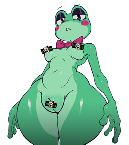 anthro black_eyes bow_tie breasts caine_censorship censor_bar female genitals green_body half-closed_eyes ineffective_censorship looking_at_viewer narrowed_eyes navel non-mammal_breasts nude plump_labia solo thick_thighs vulva wide_hips cyanu glitch_productions the_amazing_digital_circus ribbit_(tadc) amphibian frog censored hi_res