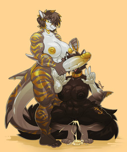 abs ahegao anthro balls belly big_breasts black_body bodily_fluids breasts brown_hair collar crouching cum cum_in_vagina cum_inside duo female fluffy fluffy_tail genital_fluids genital_piercing genitals gesture gold_(metal) hair hand_gesture herm holding_penis huge_breasts intersex intersex/female leaking_cum leash leashed_collar liquid long_tail looking_at_another looking_pleasured markings multicolored_body muscular nipples non-mammal_balls non-mammal_nipples penis penis_piercing piercing shark_tail simple_background slightly_chubby standing tail thick_thighs tongue tongue_out two_tone_body unusual_insides v_sign wide_hips tvmob aurea_(aureasharky) canid canine canis fish mammal marine shark wolf absurd_res hi_res