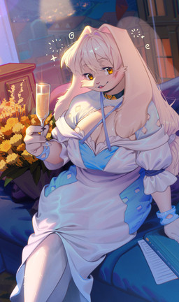 4_fingers anthro biped breasts claws clothing dress female finger_claws fingers front_view hair holding_glass holding_object long_ears looking_at_viewer sitting smile solo yellow_eyes aruurara sophia_(aruurara) lagomorph leporid mammal rabbit 2025 absurd_res digital_drawing_(artwork) digital_media_(artwork) hi_res