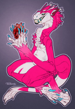 anthro blood blue_claws blue_eyes bodily_fluids breasts cheek_tuft claws ear_tuft eyelashes facial_tuft fangs featureless_breasts featureless_crotch female finger_claws fur gore grin heart_(organ) holding_heart_(organ) inner_ear_fluff long_neck narrowed_eyes neck_tuft nude organs pink_body pink_fur simple_background smile solo teeth three-quarter_view tuft white_body white_fur white_inner_ear_fluff yellow_sclera riorix species_request 2018 dated full-length_portrait hi_res portrait signature