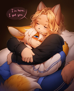 5_fingers anthro blue_eyes blush blush_lines bodily_fluids bottomwear clothing comforting crying cuddling duo eyes_closed fingers inner_ear_fluff long_sleeves male male/male medium_hair pants shaking shirt sitting speech_bubble tail talking_to_another tears text topwear tuft coff canid canine domestic_cat felid feline felis fox mammal absurd_res colored digital_drawing_(artwork) digital_media_(artwork) english_text hi_res shaded