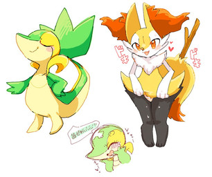 ambiguous_gender anthro bodily_fluids drooling eyes_closed feral fur green_body knock-kneed open_mouth orange_eyes saliva solo speech_bubble standing tan_body text yellow_body yellow_fur yakiniku628 nintendo pokemon braixen generation_5_pokemon generation_6_pokemon pokemon_(species) snivy