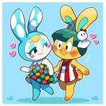 anthro blonde_hair blush clothed clothing dress duo female fur green_hair hair hand_holding heart_symbol male simple_background smile white_body white_fur yellow_body yellow_fur loveycloud animal_crossing nintendo sanrio francine_(animal_crossing) toby_(animal_crossing) lagomorph leporid mammal rabbit 1:1 digital_media_(artwork) hi_res