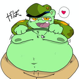 anthro belly clothed clothing clothing_lift dog_tags fur green_body green_fur heart_symbol male military_clothing moobs navel nipples overweight shirt shirt_lift solo topwear arukemono happy_tree_friends flippy_(htf) bear mammal 1:1 hi_res