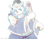 anthro asian_clothing clothing east_asian_clothing hat headgear headwear humanoid_hands japanese_clothing kemono male slightly_chubby solo white_body young moujya asian_mythology east_asian_mythology japanese_mythology lifewonders mythology tokyo_afterschool_summoners agyo_(tas) foo_dog komainu mammal yokai 2022 hi_res