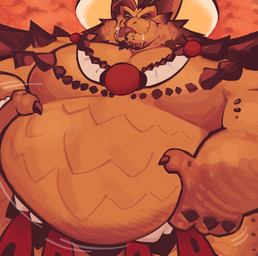 anthro belly big_belly bodily_fluids bottomwear claws clothing facial_spikes hand_on_belly horn jewelry loincloth looking_down male motion_lines muscular muscular_arms muscular_male narrowed_eyes necklace one_eye_closed orange_background orange_body orange_scales overweight overweight_anthro overweight_male saliva scales simple_background smile solo spikes spikes_(anatomy) tongue tongue_out boneranonymouse activision mythology spyro_reignited_trilogy spyro_the_dragon magnus_(spyro) rescued_dragons_(spyro) dragon mythological_creature mythological_scalie reptile scalie 2026 hi_res