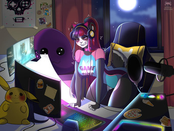 angry anthro big_breasts breasts clothed clothing computer electronics female headphones microphone plushie solo tutifruti_(artist) nintendo pokemon bear generation_1_pokemon giant_panda mammal pikachu pokemon_(species) 4:3 absurd_res hi_res
