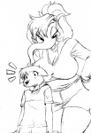 anthro big_breasts black_and_white breasts canid canine chochi clothed clothing duo elephant elephantid female fox husband_and_wife lovely_pets male mammal married_couple mike_blade monochrome proboscidean traditional_media_(artwork) trunk