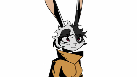 anthro black_hair breasts clothed clothed_anthro clothing female female_anthro fur hair long_ears markings pupils red_pupils short_hair simple_background solo spots spotted_body spotted_fur white_background white_hair gatonejo lagomorph leporid mammal rabbit 16:9 2d_animation animated animated_gif digital_media_(artwork) hi_res restricted_palette short_playtime widescreen