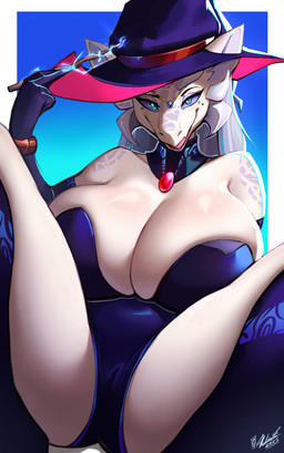 anthro big_breasts breasts cleavage clothed clothing female hair hat headgear headwear huge_breasts looking_at_viewer magic_user magic_wand non-mammal_breasts non-mammal_hair pose solo spread_legs spreading text white_body white_hair witch witch_costume witch_hat viejillox mythology mirvari_(kataou) dragon mythological_creature mythological_scalie scalie 2025 absurd_res artist_name colored detailed digital_drawing_(artwork) digital_media_(artwork) hi_res signature