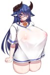 big_breasts biped blue_hair breasts clothed clothing eyewear female glasses hair huge_breasts nipples shirt solo topwear translucent translucent_clothing 5danny1206 koutei_pep animal_humanoid bovid bovid_humanoid caprine caprine_humanoid humanoid mammal mammal_humanoid absurd_res hi_res