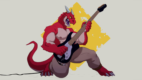 4_toes abs barefoot claws clothed clothing electric_guitar feet guitar horn kneeling male muscular muscular_male musical_instrument nipples open_mouth pecs plucked_string_instrument solo string_instrument tail toe_claws toes topless merfiller fender_jaguar fender_musical_instruments_corporation mythology rhex'sai dragon mythological_creature mythological_scalie scalie hi_res