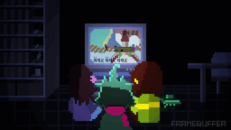 clothing electronics gaming group hair male playing_video_game television text framebuffer deltarune nintendo super_smash_bros. undertale_(series) kris_dreemurr ralsei susie_(deltarune) bovid caprine darkner goat human mammal reptile scalie animated digital_media_(artwork) english_text pixel_(artwork) pixel_animation